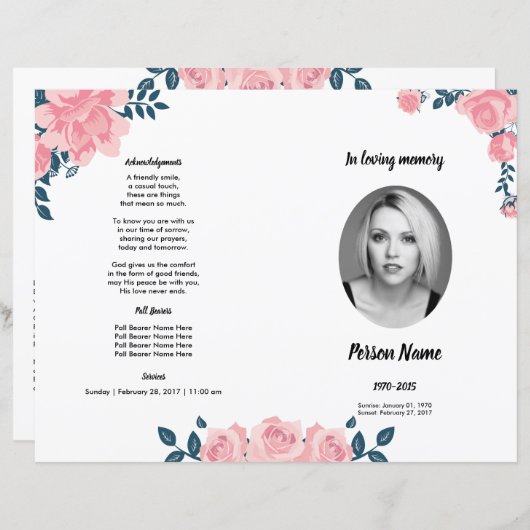 PINK ROSE FLOWER | Sjabloon van het begrafenisprog (Voorkant / Achterkant)
