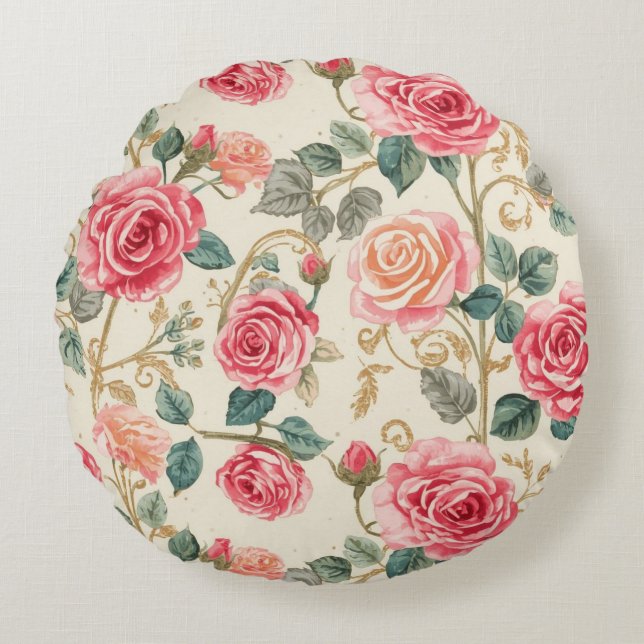 Pink Rose Flowers Pattern, Beautiful, Elegant Rond Kussen (Voorkant)