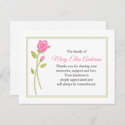 Pink Rose Funeral Note Card Flat Bereavement Note Notitiekaartje (Voorkant / Achterkant)