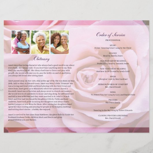 Pink Rose Funeral Program Sjabloon (Achterkant)