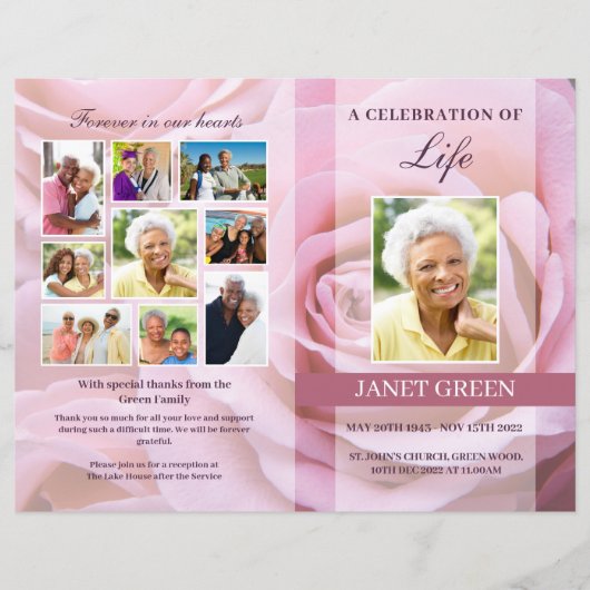 Pink Rose Funeral Program Sjabloon (Voorkant)