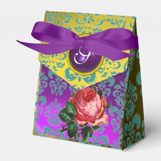 PINK ROSE, GEEL BLAUWGROEN DAMASK, PAARSE GEM MONO BEDANKDOOSJES (Voorkant Zijde)