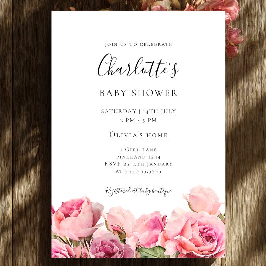 Pink Rose Girl Baby Shower Invitation Kaart