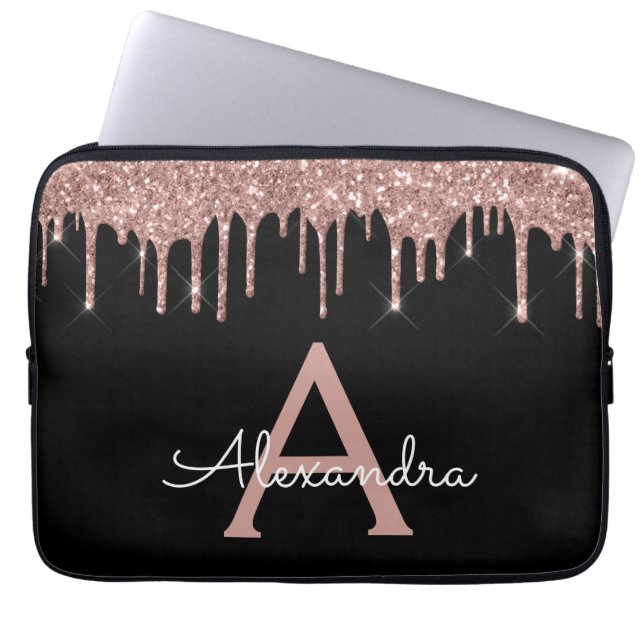 Pink Rose Gold Black Glitter Sparkle Monogram Laptop Sleeve (Voorkant)
