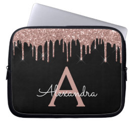 Pink Rose Gold Black Glitter Sparkle Monogram Laptop Sleeve