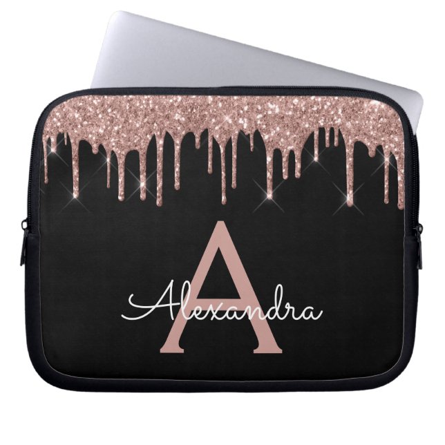 Pink Rose Gold Black Glitter Sparkle Monogram Laptop Sleeve (Voorkant)