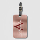 Pink Rose Gold Bourgogne Metallic Monogram Naam Bagagelabel (Voorkant (verticaal))