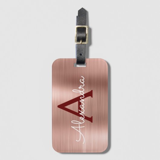 Pink Rose Gold Bourgogne Metallic Monogram Naam Bagagelabel (Voorkant (verticaal))