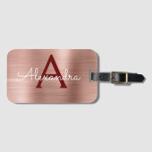 Pink Rose Gold Bourgogne Metallic Monogram Naam Bagagelabel (Voorkant (horizontaal))