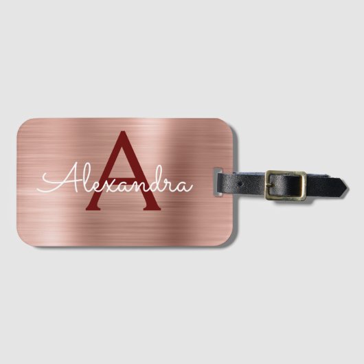 Pink Rose Gold Bourgogne Metallic Monogram Naam Bagagelabel (Voorkant (horizontaal))