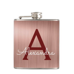 Pink Rose Gold - Bourgogne Metallic Monogram Naam Heupfles