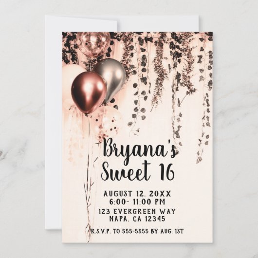 Pink Rose Gold Cream Metallic Ballonnen Sweet 16 Kaart (Voorkant)