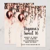 Pink Rose Gold Cream Metallic Ballonnen Sweet 16 Kaart (Voorkant / Achterkant)