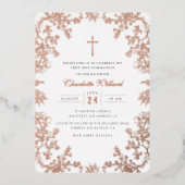 Pink Rose Gold Cross Eerste Communie Folie Uitnodiging (Voorkant)