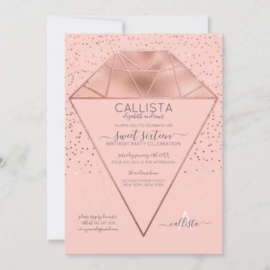 Pink Rose Gold Diamond Confetti Glitter Sweet 16 Kaart (Voorkant)
