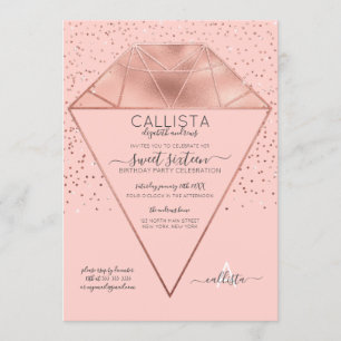 Pink Rose Gold Diamond Confetti Glitter Sweet 16 Kaart