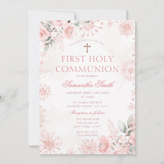 Pink Rose Gold Floral Winter First Holy Communion Kaart (Voorkant)
