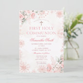 Pink Rose Gold Floral Winter First Holy Communion Kaart (Staand voorkant)