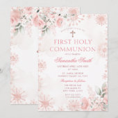 Pink Rose Gold Floral Winter First Holy Communion Kaart (Voorkant / Achterkant)