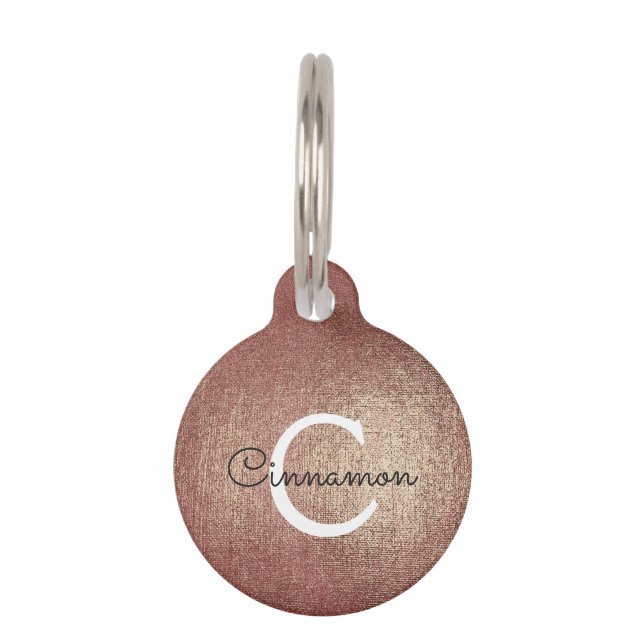 Pink Rose Gold Folie Metallic Monogram Naam Huisdierpenning (Voorkant)
