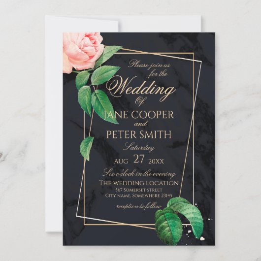 Pink rose & gold frame floral Wedding Invitation Kaart (Voorkant)