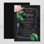 Pink rose & gold frame floral Wedding Invitation Kaart (Voorkant / Achterkant)