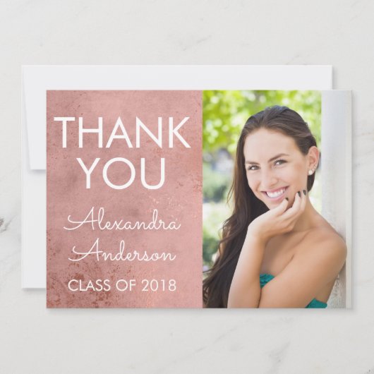 Pink Rose Gold Girly Afstuderen Dank u Aankondiging (Voorkant)