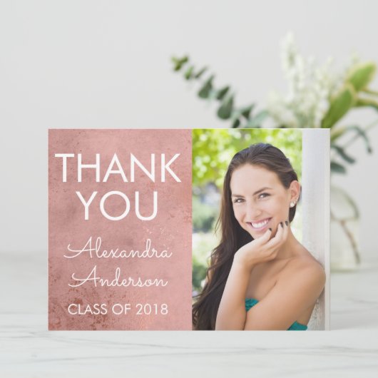 Pink Rose Gold Girly Afstuderen Dank u Aankondiging (Staand voorkant)