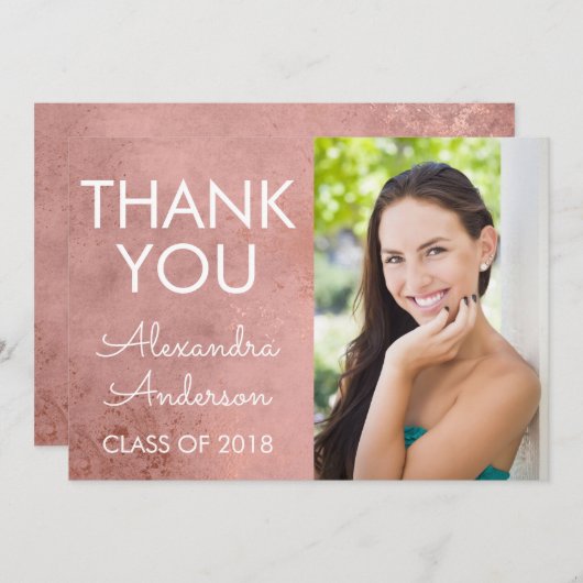 Pink Rose Gold Girly Afstuderen Dank u Aankondiging (Voorkant / Achterkant)