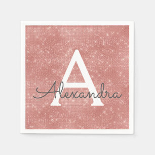 Pink Rose Gold Girly Sparkle Monogram Birthday Servet