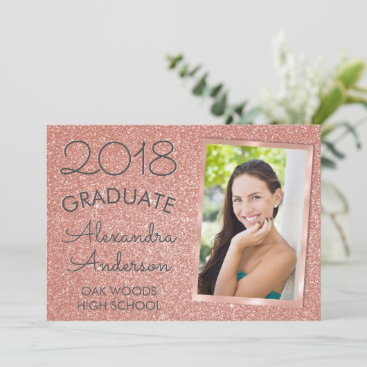 Pink Rose Gold Glitter Afstuderen aangekondigd Kaart (Staand voorkant)