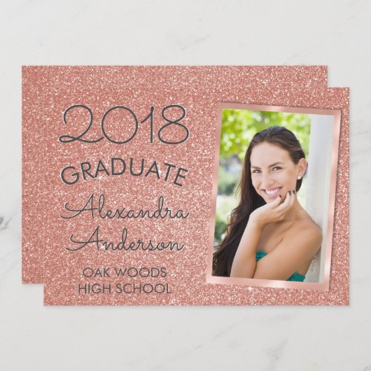 Pink Rose Gold Glitter Afstuderen aangekondigd Kaart (Voorkant / Achterkant)