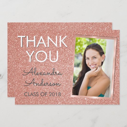 Pink Rose Gold Glitter Afstuderen Dank u Bedankkaart (Voorkant / Achterkant)