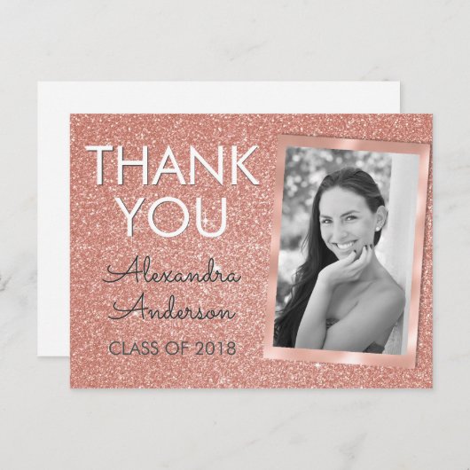 Pink Rose Gold Glitter Afstuderen Dank u Briefkaart (Voorkant / Achterkant)