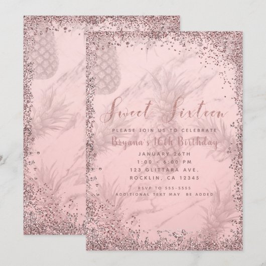 Pink Rose Gold Glitter Ananas Sweet 16 Party Kaart (Voorkant / Achterkant)