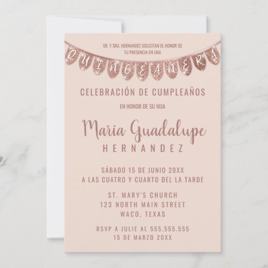 Pink Rose Gold Glitter Banner Español Quinceañera Kaart (Voorkant)