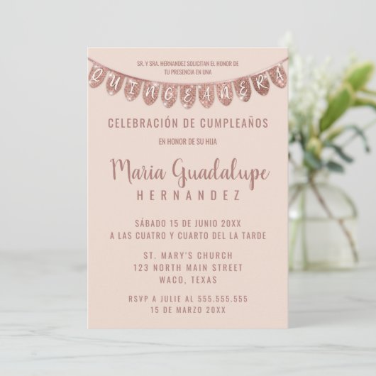 Pink Rose Gold Glitter Banner Español Quinceañera Kaart (Staand voorkant)