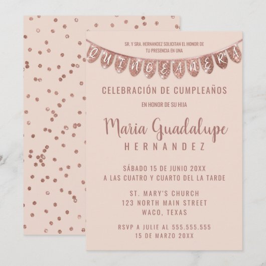 Pink Rose Gold Glitter Banner Español Quinceañera Kaart (Voorkant / Achterkant)