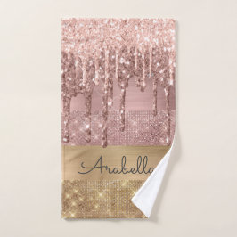 Pink Rose Gold Glitter Drips Gold Stripes Naam Handdoek
