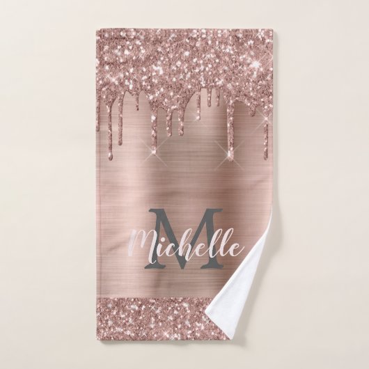 Pink Rose Gold Glitter Drips Monogrammed Vrouwelij Bad Handdoek (Handdoek)