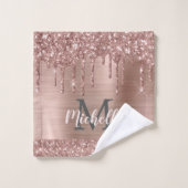 Pink Rose Gold Glitter Drips Monogrammed Vrouwelij Bad Handdoek (Wasdoekje)