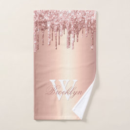 Pink Rose Gold Glitter Drips Pink Metal Monogram Handdoek