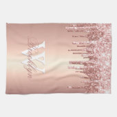 Pink Rose Gold Glitter Drips Pink Monogrammed Theedoek (Horizontaal)