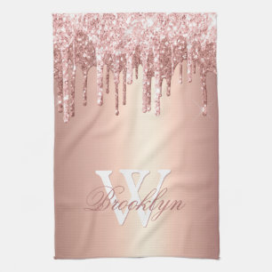 Pink Rose Gold Glitter Drips Pink Monogrammed Theedoek
