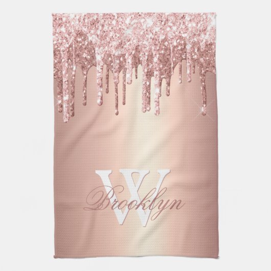 Pink Rose Gold Glitter Drips Pink Monogrammed Theedoek (Verticaal)