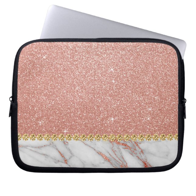 Pink Rose Gold Glitter en Sparkle Marble Laptop Sleeve (Voorkant)