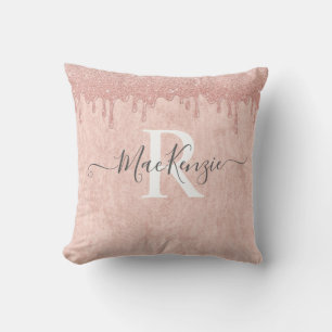 Pink Rose Gold Glitter Monogram Naam Sierkussen