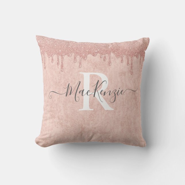 Pink Rose Gold Glitter Monogram Naam Sierkussen (Voorkant)