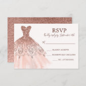 Pink Rose Gold Glitter Sparkle Dress Gown Script RSVP Kaartje (Voorkant / Achterkant)