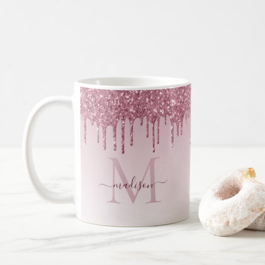 Pink Rose Gold Glitter Sparkle Monogram Script Koffiemok (Met donut)